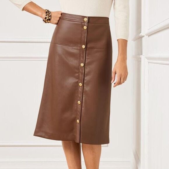 Talbot’s Plus Faux Leather Brown A-line gold button front Fall skirt SZ 22W - Picture 1 of 5
